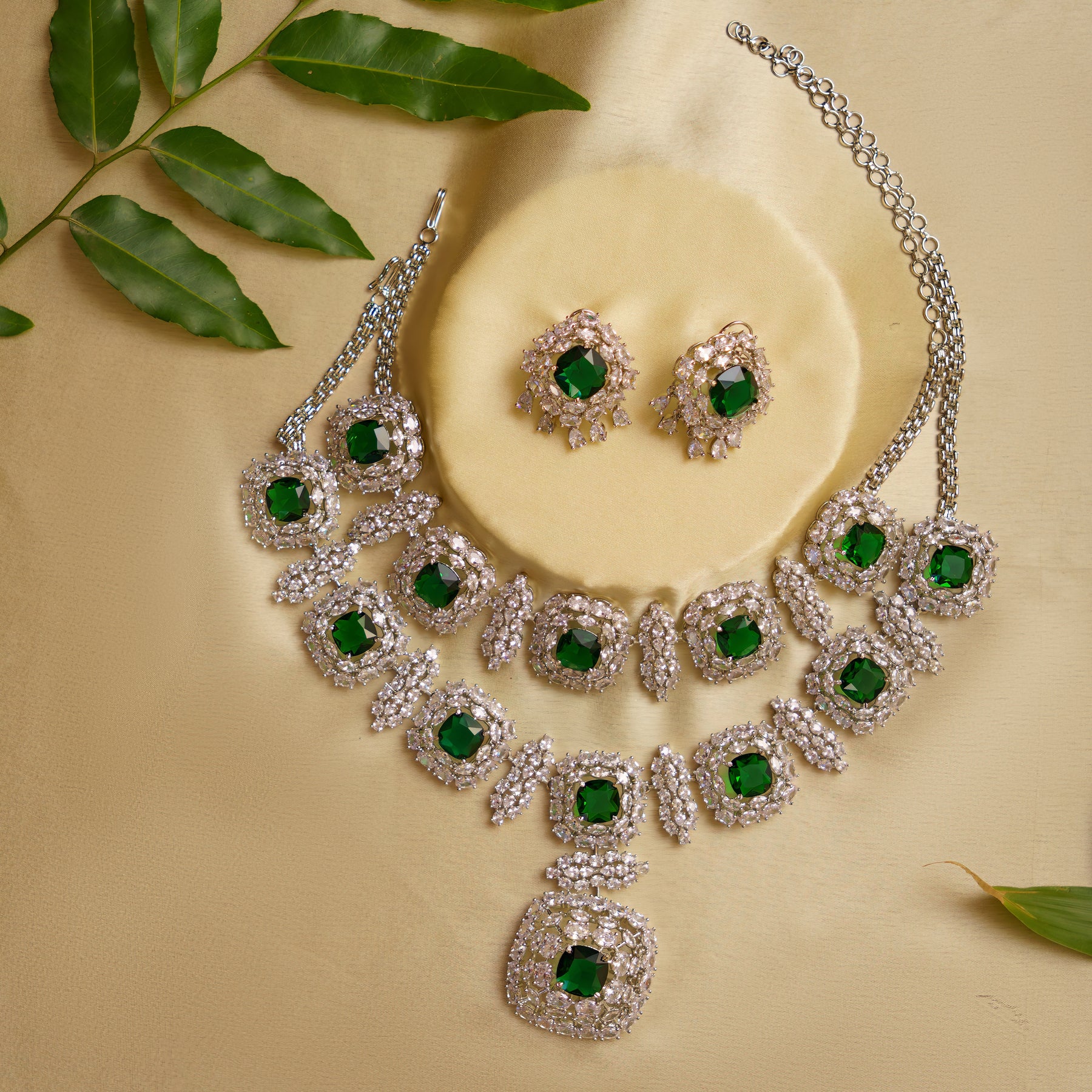 Green Rosegold cz American diamond Necklace set | Gemzlane
